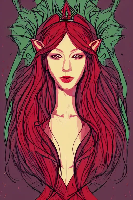 Prompt: red headed elven queen, art by ori toor, sticker, colorful, illustration, highly detailed, simple, smooth and clean vector curves, no jagged lines, vector art, smooth