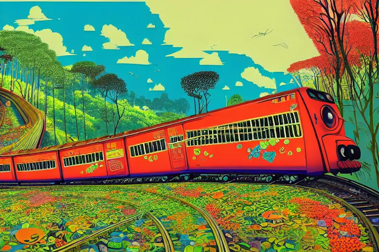 Image similar to surreal glimpse into other universe, choo choo train to penang hill, summer morning, very coherent and colorful high contrast, art by!!!! gediminas pranckevicius!!!!, geof darrow, floralpunk screen printing woodblock, dark shadows, hard lighting, stipple brush technique,