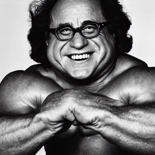 Image similar to photograph of danny devito as a professional bodybuilder, happy facial expression, black and white photograph, 3 5 mm