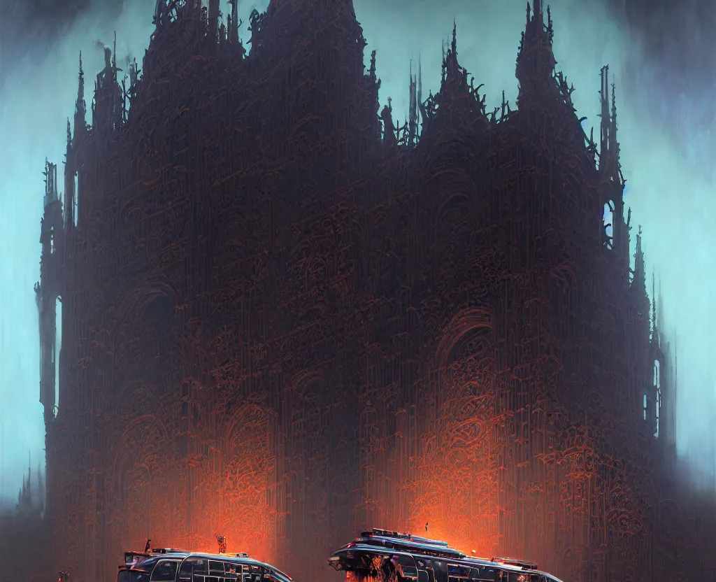 Image similar to detailed portrait, intricate complexity, by greg rutkowski, ross tran, conrad roset, takato yomamoto, ilya kuvshinov huge gothic crematorium on desert planet, elevator, side ramp entrance ambulance dead bodies, guards intricate, painting by lucian freud and mark brooks, bruce pennington, dark colors, neon, death, guards, nice style smoke