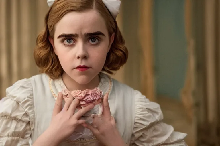 Prompt: art of Kiernan Shipka as the maid in the new movie directed by Wes Anderson, symmetrical shot, idiosyncratic, relentlessly detailed, pastel, limited colour palette, detailed face, movie still frame, promotional image, imax 70 mm footage