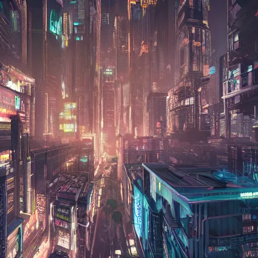 Prompt: elevated view of a grime grungy cyberpunk city of the future at night
