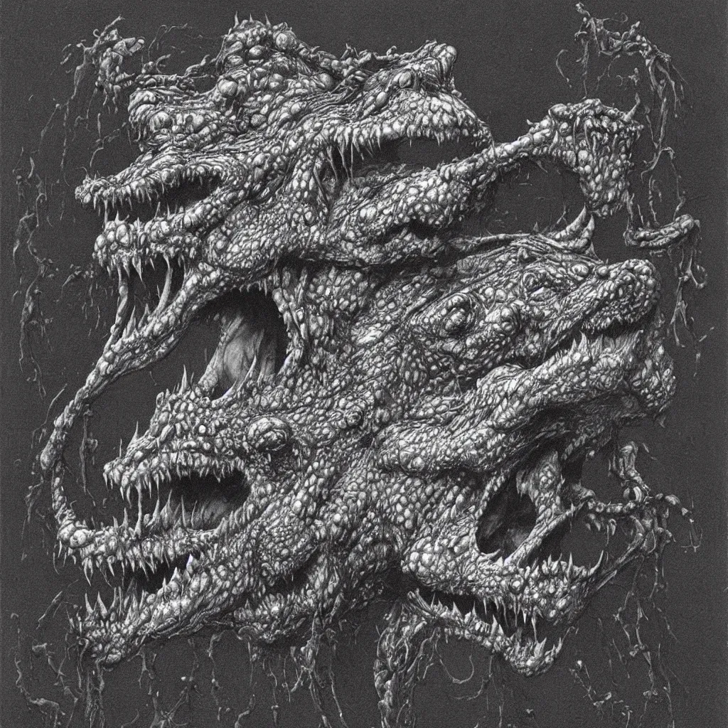 Image similar to horrifying crocodile creature, necromorph, in the style of zdislaw beksinski