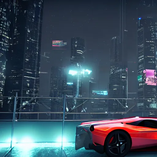 Prompt: hover car, ferrari, cyberpunk, city, night time, unreal engine