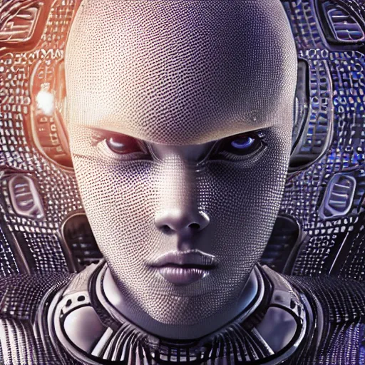 Image similar to an insanely detailed cibernetic artwork of a futuristic artificial intelligence superstar, extremely detailed water texture, centered image, perfectly symmetrical alien face, with frames made of detailed fractals, octane render, 4k, insanely detailed, detailed grid as background, photorealistic digital art, hyper realism, high detail, cgi