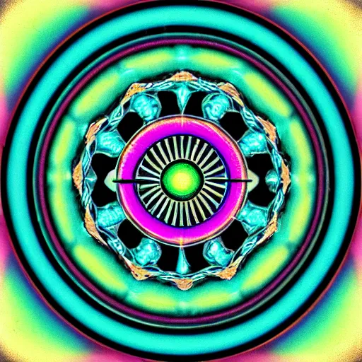 Prompt: vintage polaroid style image of neon mandala sacred geometry fractals