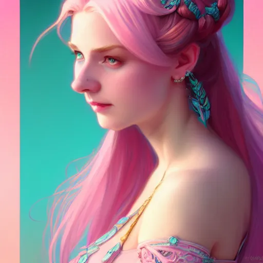 Image similar to aristocrat, teal pink color palette, female, d & d, fantasy, intricate, elegant, highly detailed, long pink hair, digital painting, artstation, octane render, concept art, matte, sharp focus, illustration, hearthstone, art by artgerm, alphonse mucha johannes voss