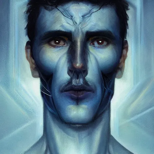 Image similar to surreal portrait of a man by Greg Rutkowski, symmetrical face, he is about 30 years old, short black hair with bangs, his features are a mix between French, Turkish and Russian, transformed into a kind of biomechanical transhuman god, blue glowing eyes, expression of epiphany and determination, cosmic void background, frightening, fascinating, highly detailed portrait, digital painting, book cover, artstation, concept art, smooth, sharp foccus ilustration, Artstation HQ