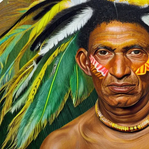 Image similar to high quality high detail painting by lucian freud, hd, indigenous tribe leader with many feathers, muted yellow and green colors, photorealistic lighting