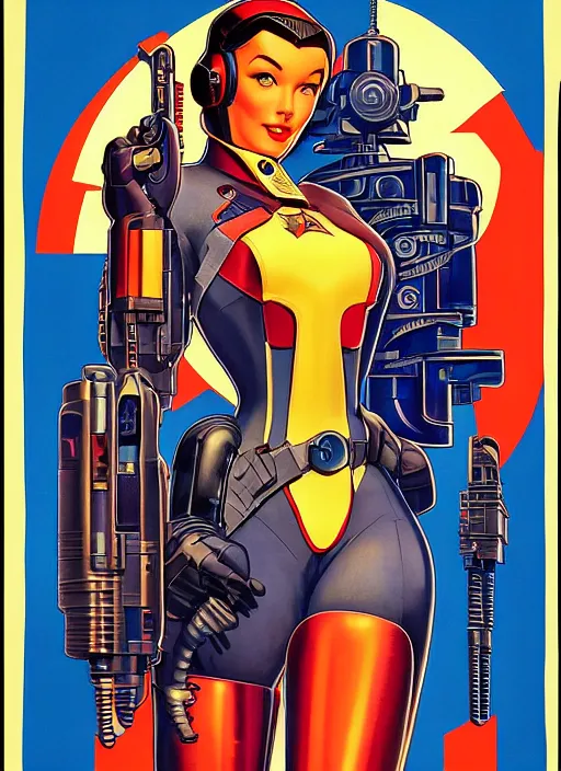 Image similar to american propaganda poster. cyberpunk mech pilot. portrait by jean giraud and anton otto fischer and john philip falter and will eisner and gil elvgren and pixar. realistic proportions. character art. science fiction d & d. tf 2, overwatch, rb 6 s, cyberpunk 2 0 7 7, blade runner 2 0 4 9.