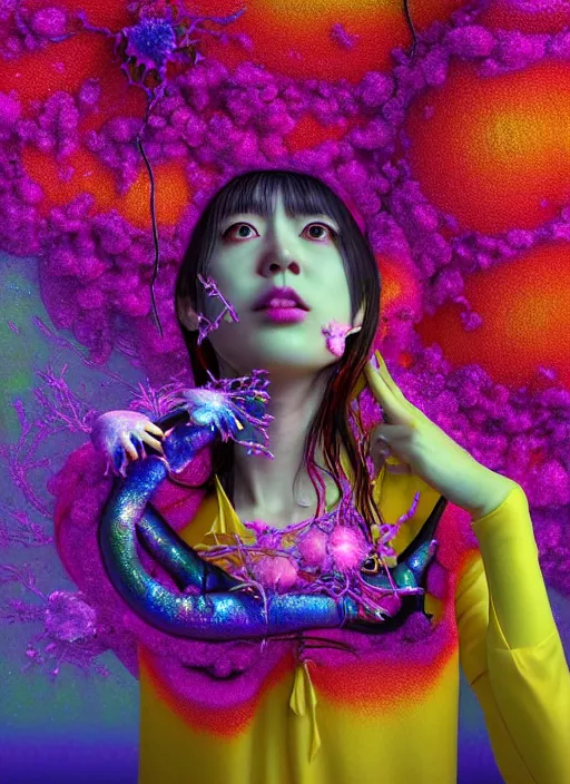 Prompt: hyper detailed 3d render like a Oil painting - kawaii Aurora (Singer) seen Eating of the Strangling network of colorful yellowcake and aerochrome and milky Fruit and Her delicate Hands hold of gossamer polyp blossoms bring iridescent fungal flowers whose spores black the foolish stars by Jacek Yerka, Mariusz Lewandowski, Houdini algorithmic generative render, Abstract brush strokes, Masterpiece, Edward Hopper and James Gilleard, Zdzislaw Beksinski, Mark Ryden, Wolfgang Lettl, Dan Hiller, hints of Yayoi Kasuma, octane render, 8k