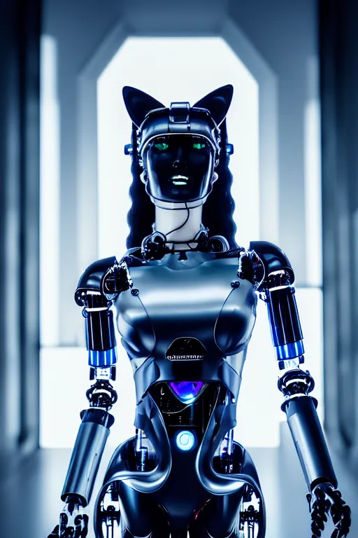 Image similar to cybernetic ultra high tech female robot with cat ears, neo - rococo, sci - fi, cyberpunk, high tech, futurism, exoskeleton, symmetry, cinematic, elegant, luxury, perfect light, perfect composition, dlsr photography, sharp focus, 8 k, ultra hd, sense of awe, highly detailed, realistic, intricate, science journal cover