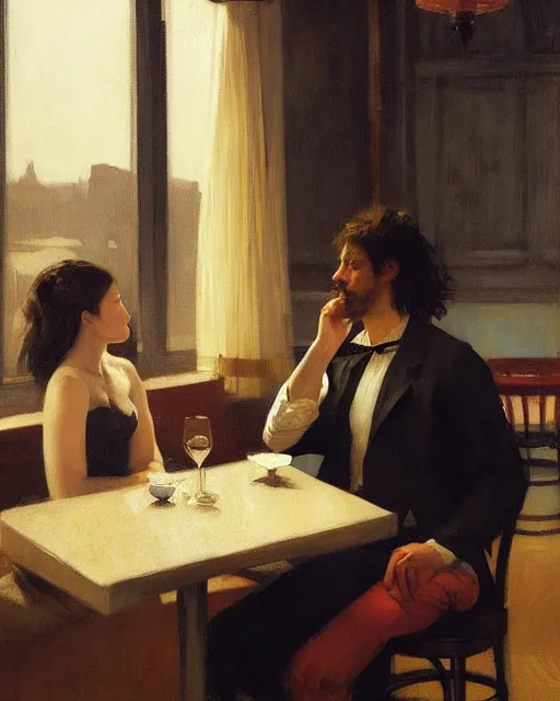 Prompt: a guy and a girl on a date in a restaurant, art by greg rutkowski, gustave courbet, rosa bonheur, edward hopper. faithfully depicted facial expression, perfect anatomy, sharp focus, global illumination, radiant light, detailed and intricate environment, trending on artstation