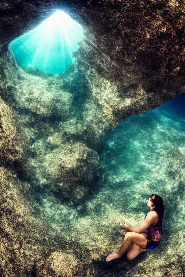 Image similar to underwater looking up, one woman sitting alone on a large rock in a deep trench , looking toward the sun rays and caustics, film , cinematic, underwater photography, low angle view, wide lens