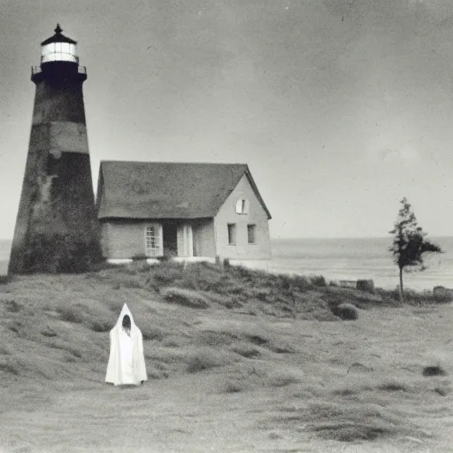 Prompt: worshippers dressed in robes belonging to the cult of the lighthouse. Dilapidated 1800s lighthouse. Unnaturally tall lighthouse. Beacons of light. 1800s photo.