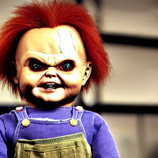 Prompt: chucky the killer doll standing in a room full of creepy evil killer dolls