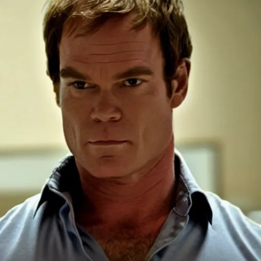 Image similar to dexter morgan as a t - 8 0 0 iconic terminator action movie still
