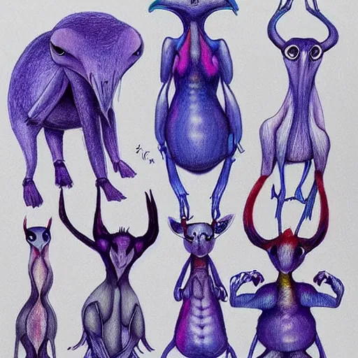 Image similar to insane by bess hamiti blue - violet. a beautiful drawing of a group of creatures that looks like a mix of different animals. most of the creatures have human - like features, such as arms & legs, & some are standing upright while others are crawling or flying.