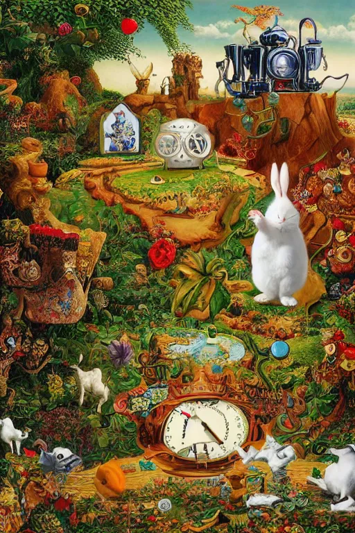 Image similar to the white rabbit is looking at his pocketwatch in wonderland by jacek yerka and salvador dali, detailed matte painting, 8 k resolution