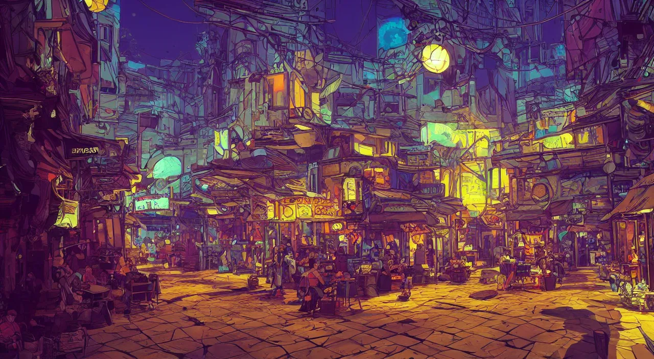 Prompt: bazaar zouk oriantal full color sky shine place mosquet painting stylized digital illustration video game icon global illumination ray tracing that looks like it is from borderlands and by feng zhu and loish and laurie greasley, victo ngai, andreas rocha, john harris