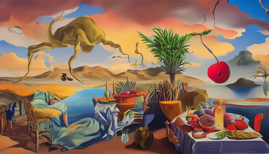 Image similar to RHADS, fever dream, Salvador Dali, fruit party, mural