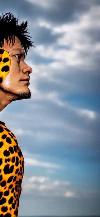 Prompt: a portrait photo of luffy as cheetah, side shot, by professional photographer, 8 k resolution, high quality