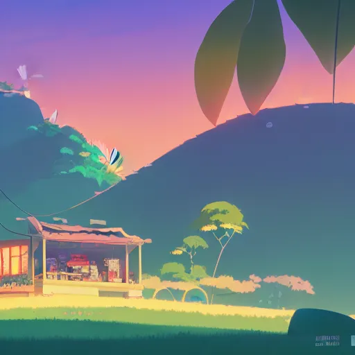 Prompt: a shop on a hill, front, print, tropical island, game design, transparent background, golden hours, cory loftis, james gilleard, atey ghailan, makoto shinkai, goro fujita, studio ghibli, rim light, exquisite lighting, clear focus, very coherent, soft painting