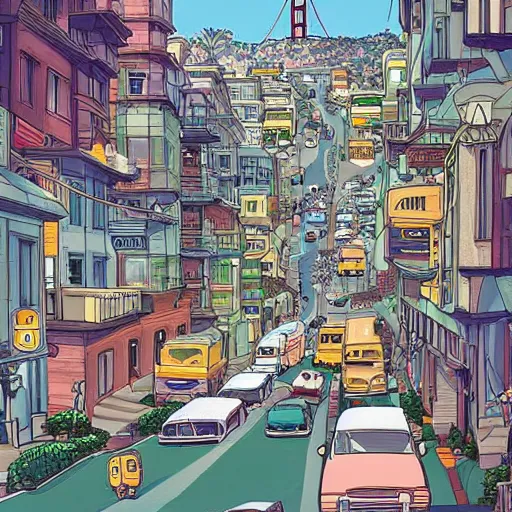 Prompt: San Francisco drawn in the style of Studio Ghibli, digital illustration, trending on artstation.