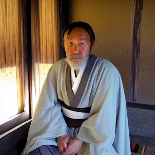 Prompt: Obi kun kenobi sitting in adobe near chirobi