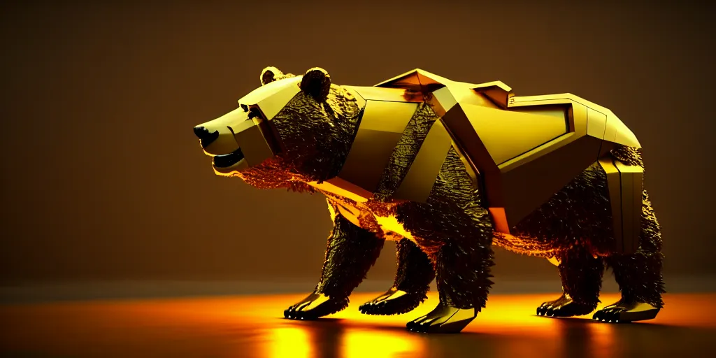 Image similar to film still of a mechanical bear made of gold in a marvel movie, science fiction industrial hard science concept art, 8K render octane high definition cgsociety, photorealistic, unreal engine 5