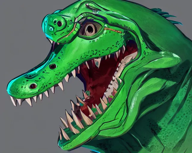 Prompt: sea of thieves animal concept art for a vibrant bright green alligator with snarling teeth, cgsociety, trending on artstation, rare ltd,