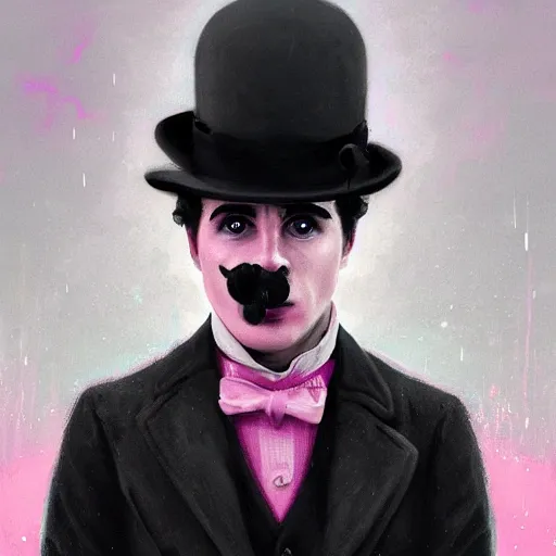 Image similar to a portrait of charlie chaplin, rainy background, pink bright art masterpiece artstation. 8 k, sharp high quality artwork in style of jose daniel cabrera pena and greg rutkowski, concept art by tooth wu, hearthstone card game artwork.