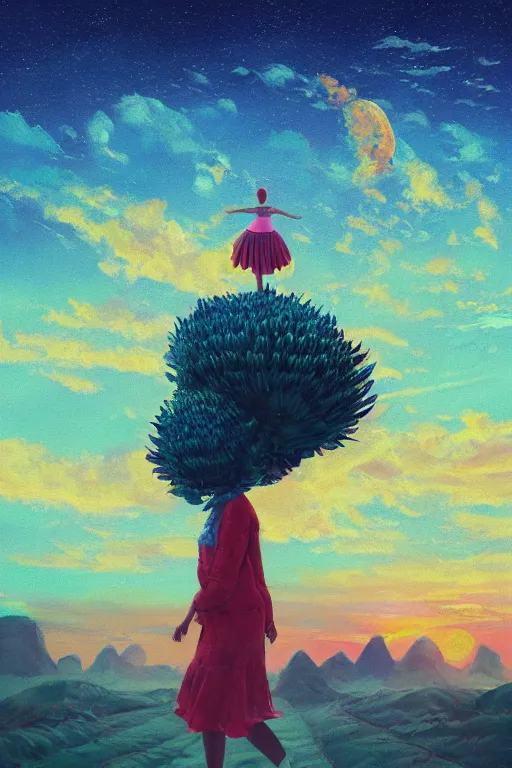 Image similar to giant corn flower head, girl walking on the moon, surreal photography, sunrise, dramatic light, impressionist painting, colorful clouds, digital painting, artstation, simon stalenhag