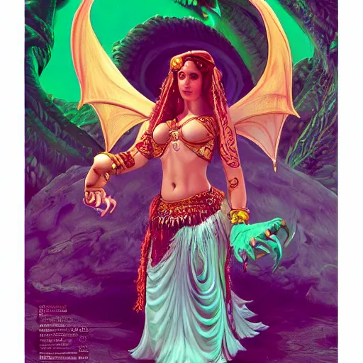 Prompt: photo of a cute female bellydancer dragon with 6 arms, anthropomorphic dragon, dragon face, stunning 3 d render, ultra real, masterpiece, glowing holy aura by laurie greasley and roger dean and aleski briclot