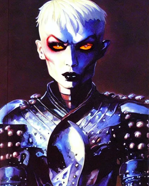 Image similar to portrait of an androgynous skinny punk goth sorcerer wearing armor by simon bisley, john blance, frank frazetta, fantasy