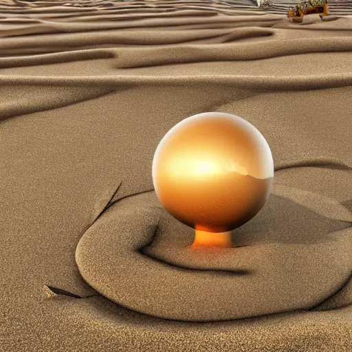 Prompt: in the center of a large sand quarry in the sand lies a large golden ball, a broken excavator is standing nearby, an anomalous air funnel is nearby, book illustration stylization, high quality, depth of sharpness, focus on the object