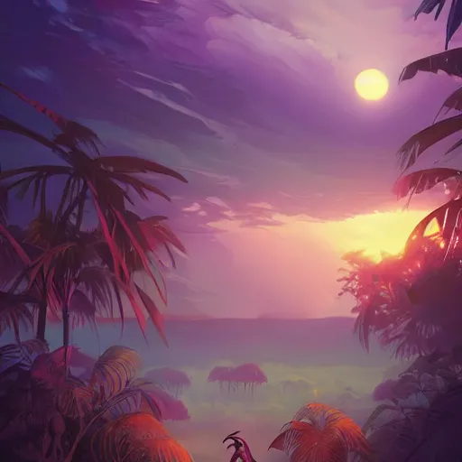 Image similar to tropical jungle, 2 moons in the sky above, purple tinged sky, behance hd artstation by jesper ejsing by rhads, makoto shinkai and lois van baarle, ilya kuvshinov, ossdraws