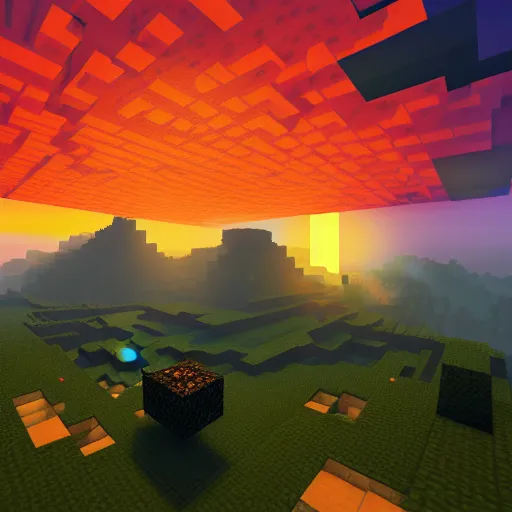 Image similar to atmospheric noon picture of minecraft landscape, sky is on fire