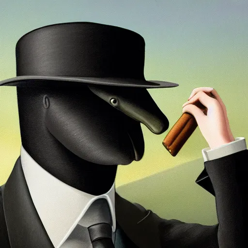 Image similar to a portrait of a platypus wearing a black suit, smoking a cigar, gorgeous, intricate, elegant, volumetric lighting, scenery, high detail digital art, smooth, rene magritte, illustration, concept art