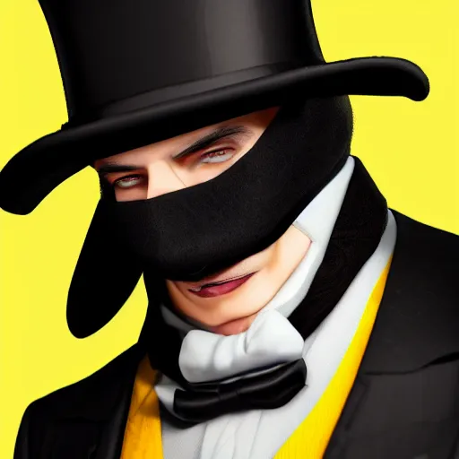 Image similar to a highly detailed portrait of a man in a high top hat covering his face, in a black tailcoat with a yellow waistcoat under the tailcoat, artstation, deviantart, professional, unreal engine 5, photorealistic