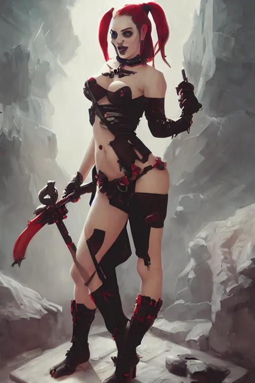Image similar to portrait of succubus Harley Quinn in bikini armor, dc comics, cyberpunk, Warhammer 40000, dark fantasy, digital art from artstation by Ruan Jia and Mandy Jurgens and Artgerm and william-adolphe bouguereau