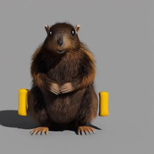 Image similar to cute anthro brown marmot in a black tuxedo while holding a yellow pencil in the left hand, pixar character, digital art, 3 d rendered in octane, blender, maya, shadows, lighting