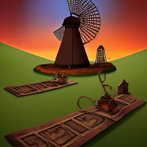 Prompt: discworld theme, linux, windmill, broken pipe, 3 d art, digital illustration, perfect lighting