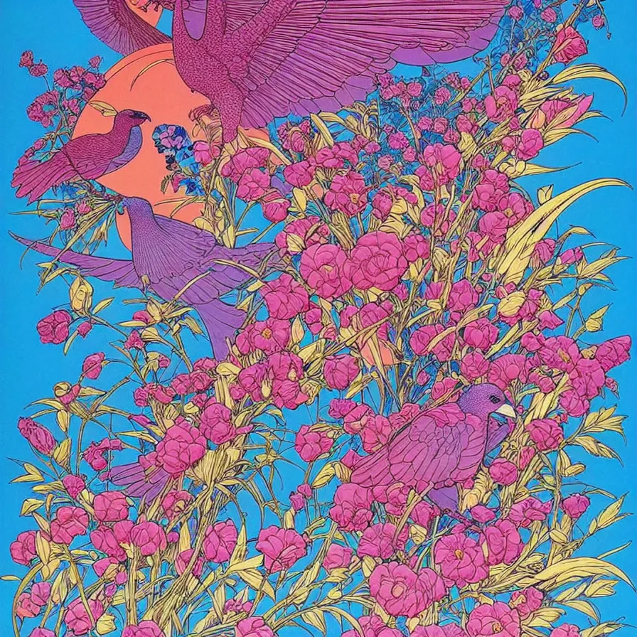 Image similar to ( ( ( ( beautiful flowers and birds, surrounded by decorative frame design ) ) ) ) by mœbius!!!!!!!!!!!!!!!!!!!!!!!!!!!, overdetailed art, colorful, artistic record jacket design