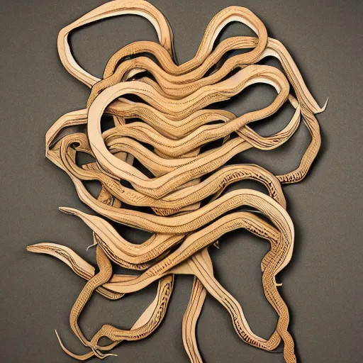 Image similar to cardboard cutout of tentacles, cut out of corrugated cardboard, realistic, cardboard cutout, flat, hyperrealistic photography