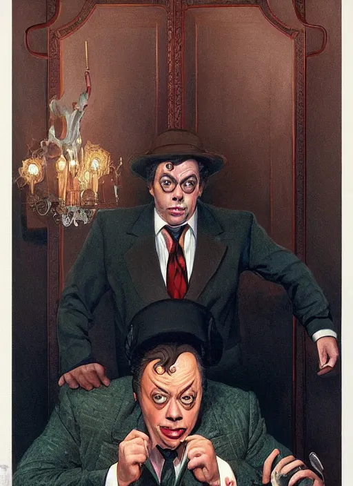 Image similar to portrait of tim curry as wadsworth in clue ( 1 9 8 5 ), highly detailed, centered, solid color background, digital painting, artstation, concept art, smooth, sharp focus, illustration, donato giancola joseph christian leyendecker, les edwards, ed repka, basil gogos, wlop, artgerm