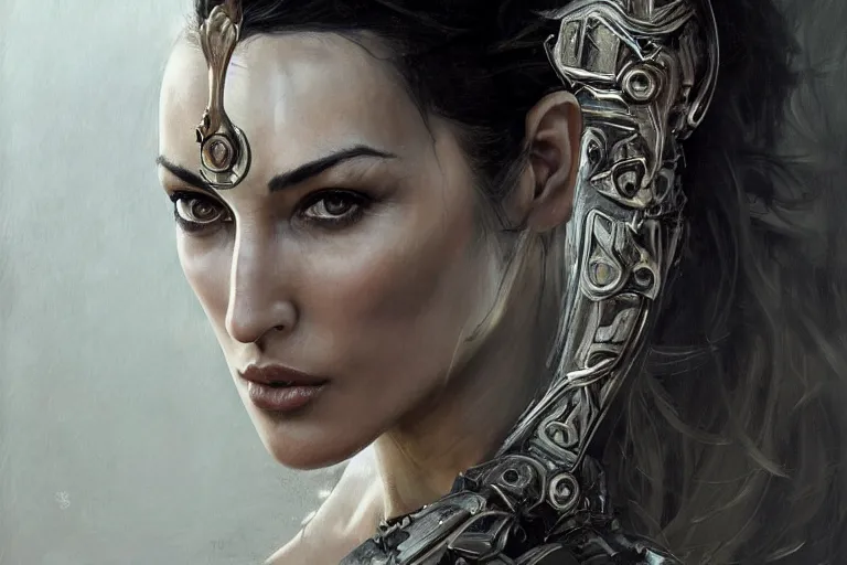 Image similar to a finely detailed portrait of Monica Bellucci, clothed in battle armor, olive skin, long dark hair, beautiful bone structure, symmetrical facial features, intricate, elegant, digital painting, trending on Artstation, concept art, smooth, sharp focus, illustration, from Metal Gear by Ruan Jia and Mandy Jurgens and Artgerm and and william-adolphe bouguerea, award winning