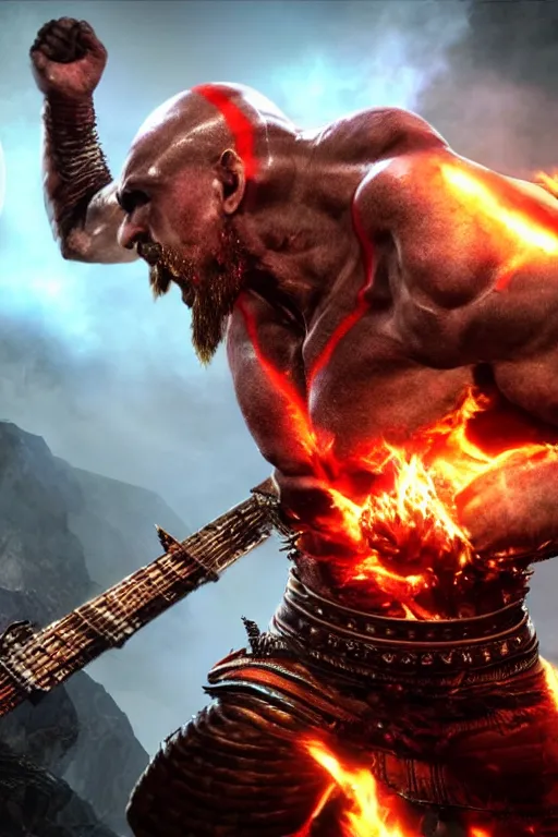 Image similar to muscular armored screaming kratos rocking out on a flaming stratocaster guitar, cinematic render, god of war 2 0 1 8, playstation studios official media, lightning, flames, left eye stripe, left eye stripe, left eye stripe, left eye stripe, clear, coherent