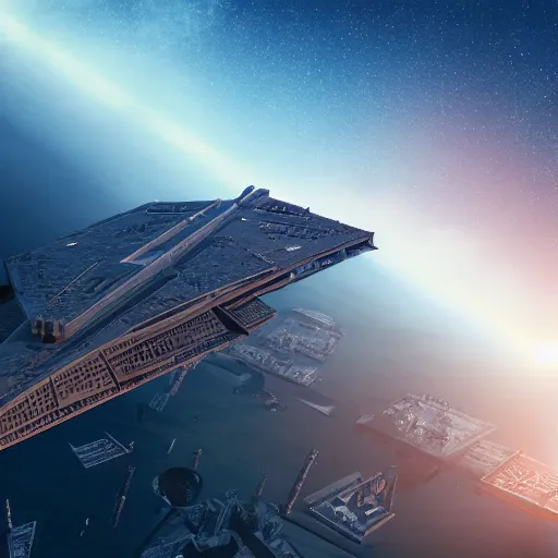 Image similar to 3 d point perspective, extreme long shot of the tip of an incommensurable imperial star destroyer hovering over the sky of new york city, tie fighters patrolling around, golden hour, deep depth of field, make all elements sharp, aerial view, 8 k, octane render, unreal 5, hyperrealistic, symmetrical, intricate digital art, photoshop, cgi art