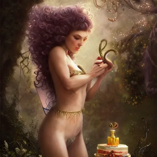 Prompt: beautiful fairy, perfect face and body, with curls, at her birthday party in a magic garden, monkeys, diamonds and scissors, details, smooth, sharp focus, illustration, realistic, cinematic, artstation, gold, ornate, award winning, original modern artwork, by Peter Mohrbacher, rgb ethereal lighting, 8k